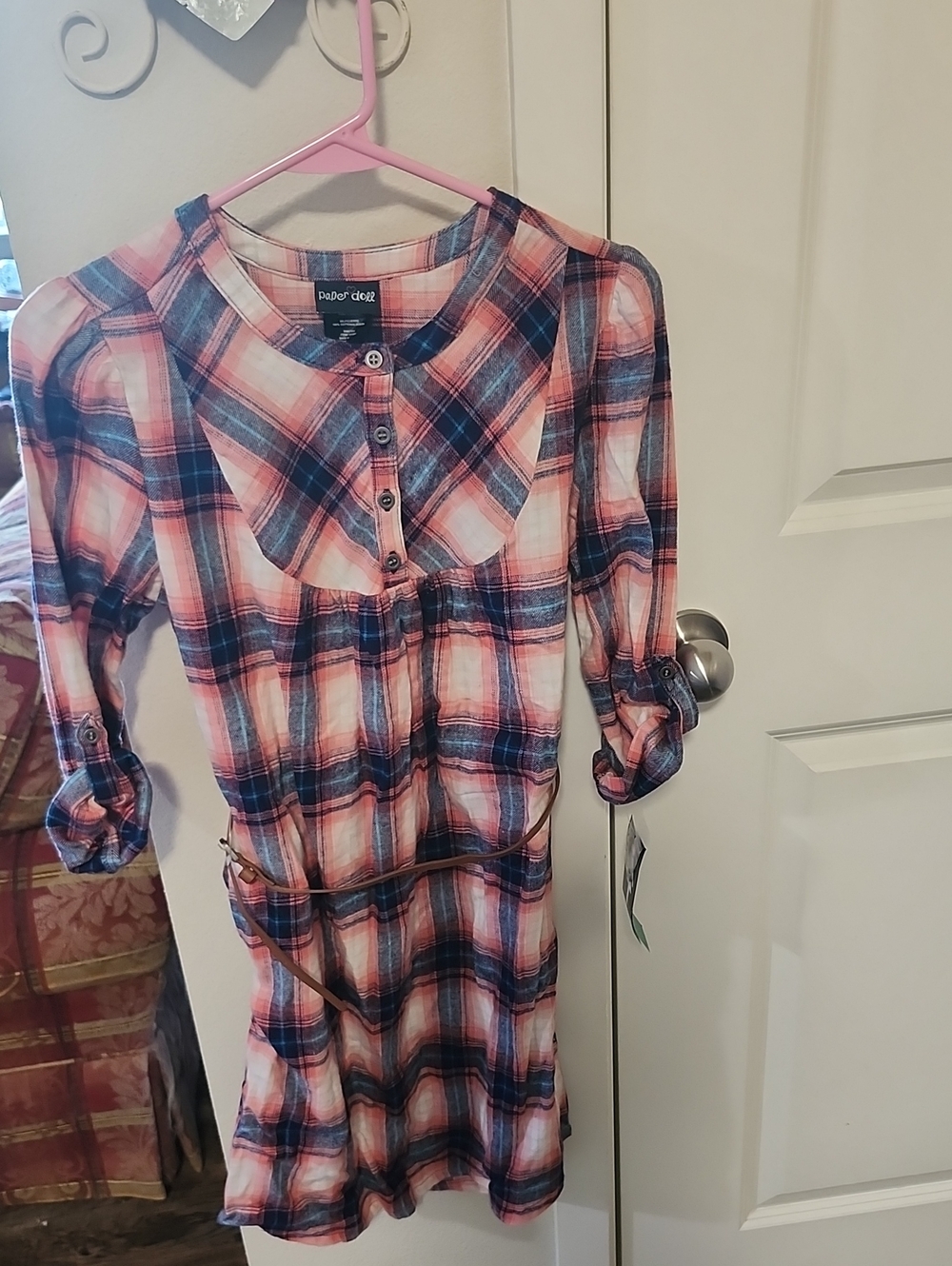 paper doll Pink and Blue Plaid Long-Sleeve Shirt Dress